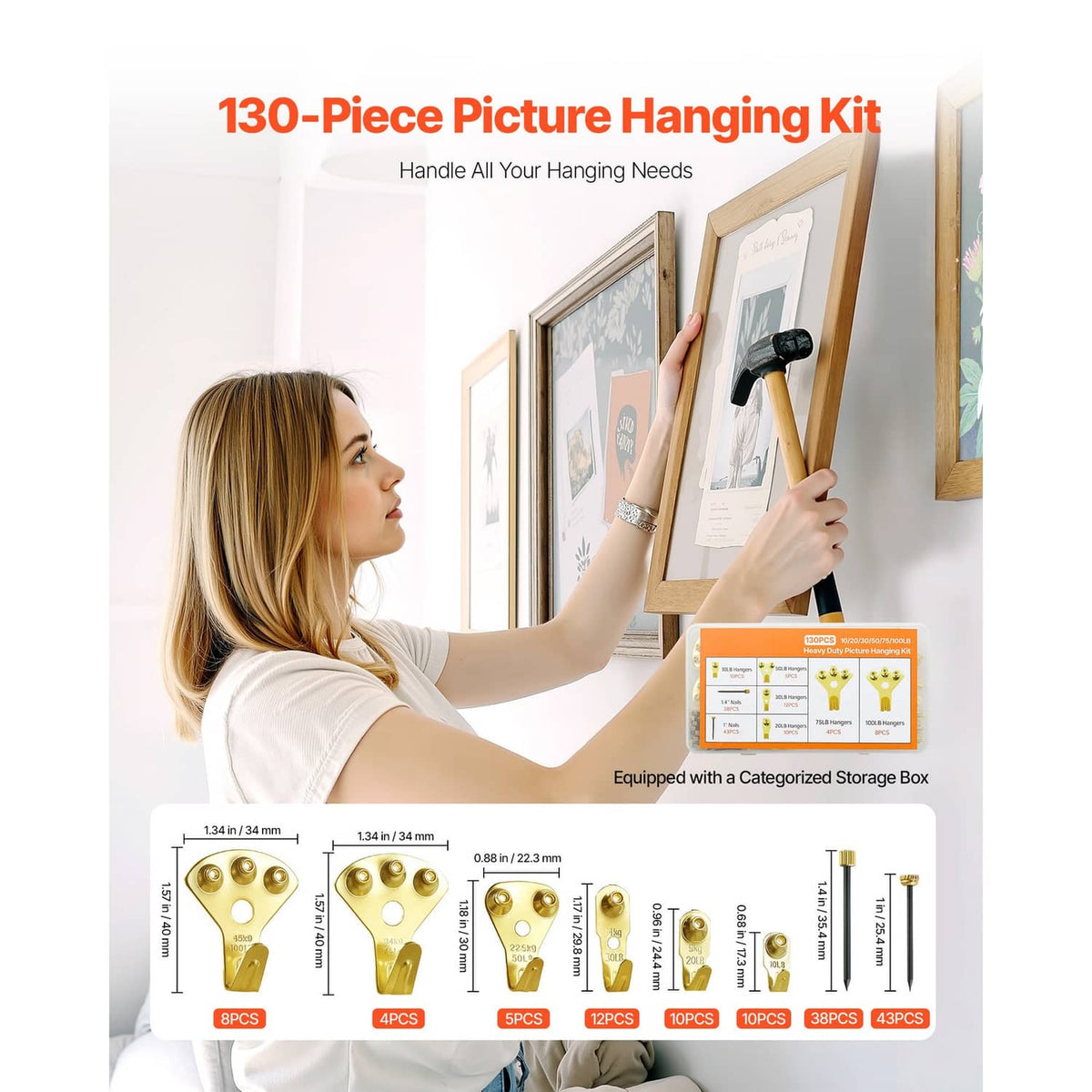 130-piece metal picture hanging kit with labeled hooks, nails, and storage box