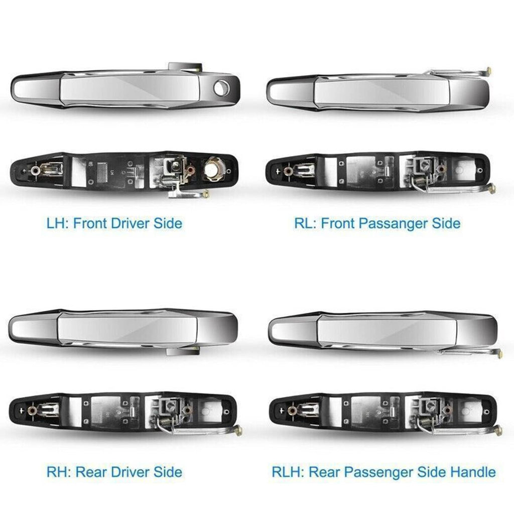 Four chrome exterior door handles with black undersides, multiple driver and passenger sides
