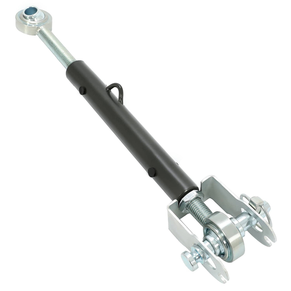Dark 3-point hitch turnbuckle with threaded rod and U-shaped mounting bracket