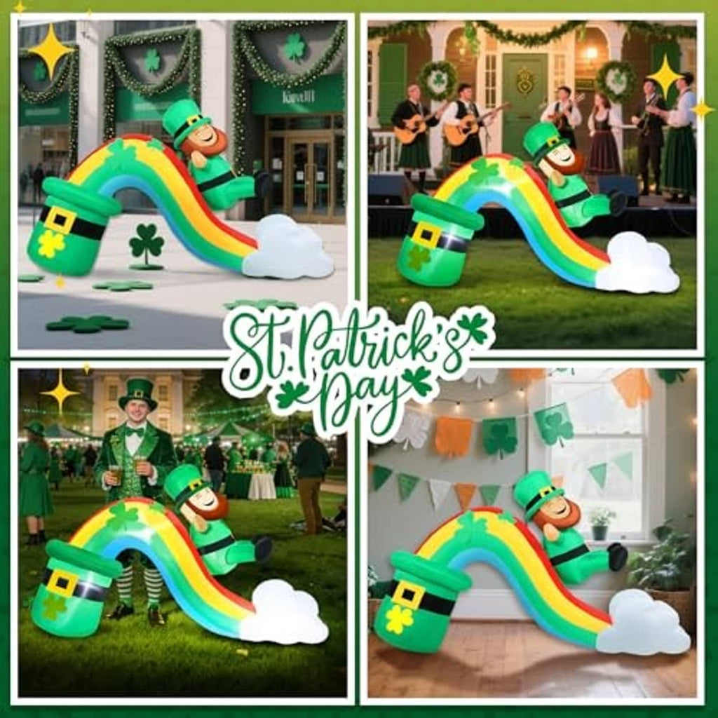 Inflatable rainbow slide with leprechaun mascot and four-leaf clover accents, with clouds