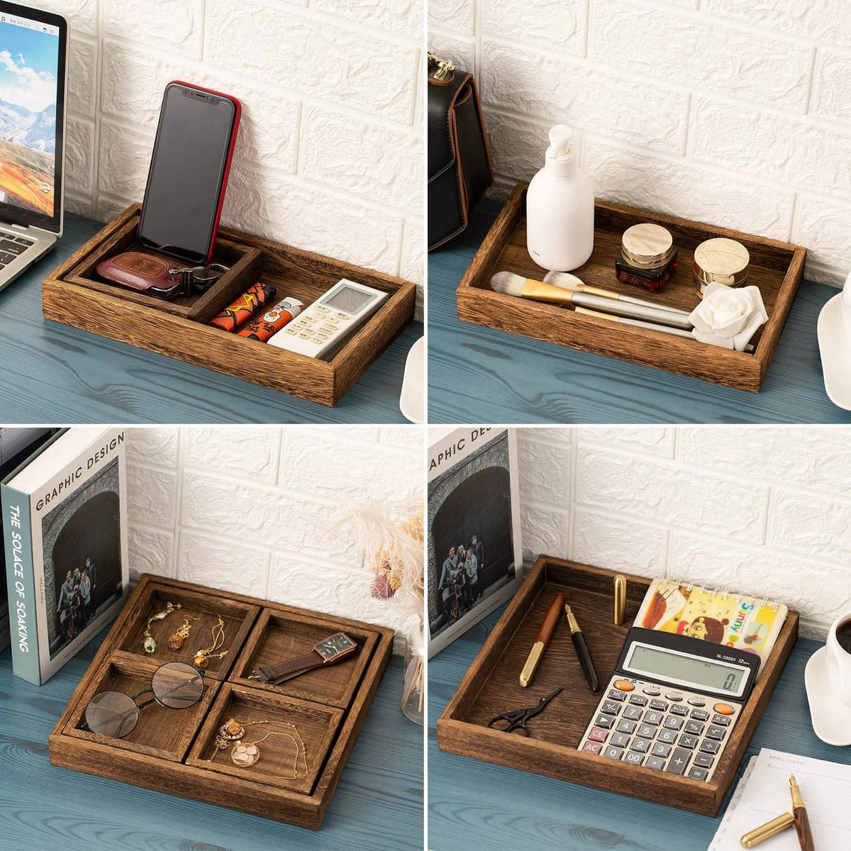 Rustic wooden tray for organizing items; split scenes show different tabletop contents