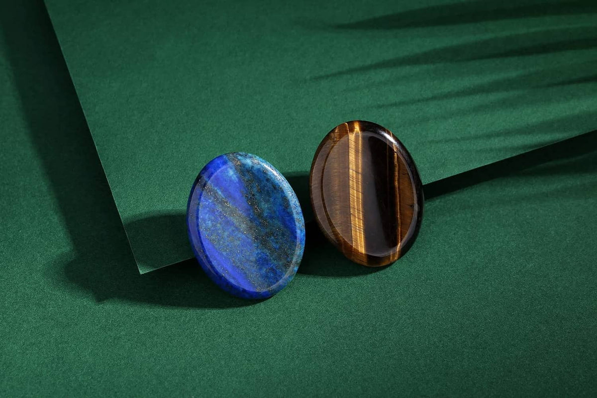Thumb worry stone set: blue lapis lazuli and brown tiger's eye polished ovals
