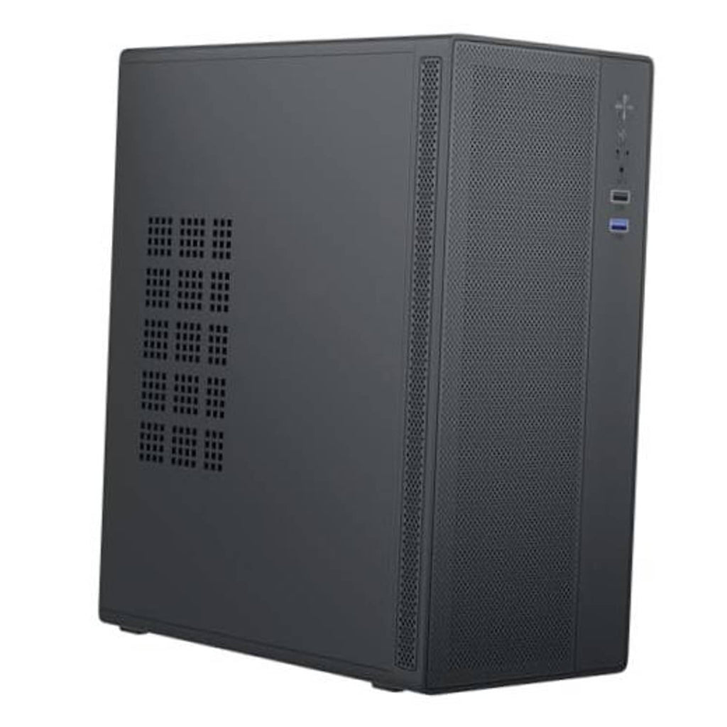 Dark gray computer case with vented side grille and rear port openings