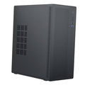 Dark gray computer case with vented side grille and rear port openings