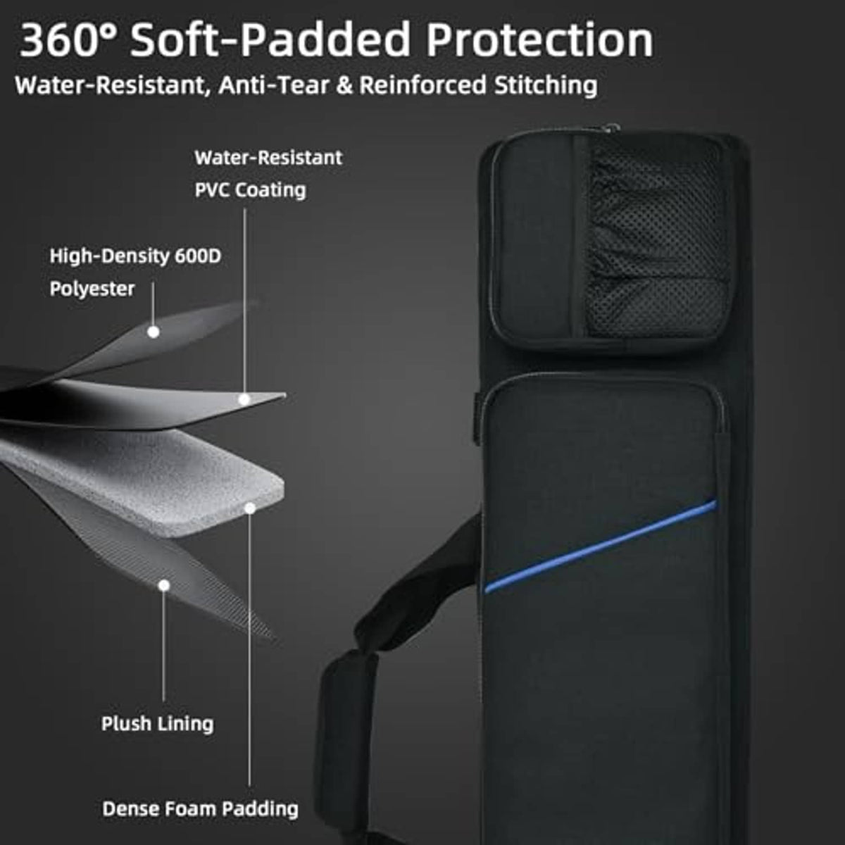 Black soft-padded pool cue case with blue stripe panel and top pocket
