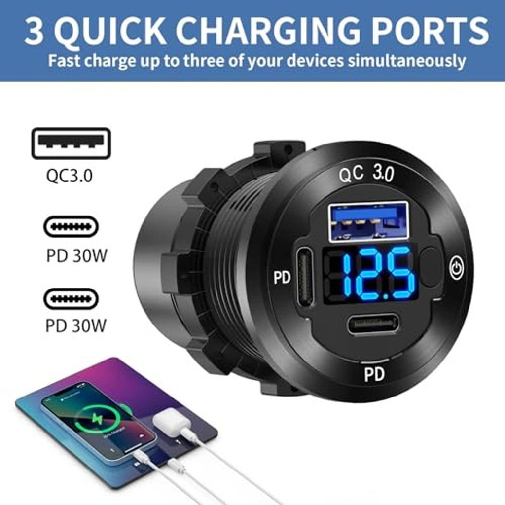 Black 12V round car USB socket with QC 3.0 and PD ports, 3-port charging
