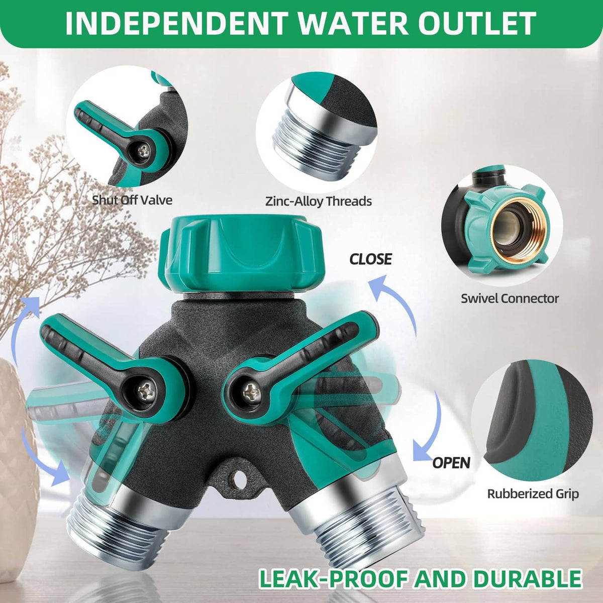 2-way hose splitter with shut-off valve, rubberized grips, and metal threaded outlet ports