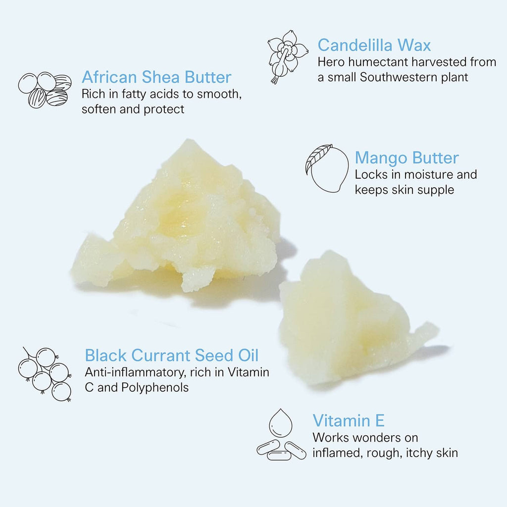 Cracked heel repair balm ingredients graphic: African shea butter, candelilla wax, mango butter