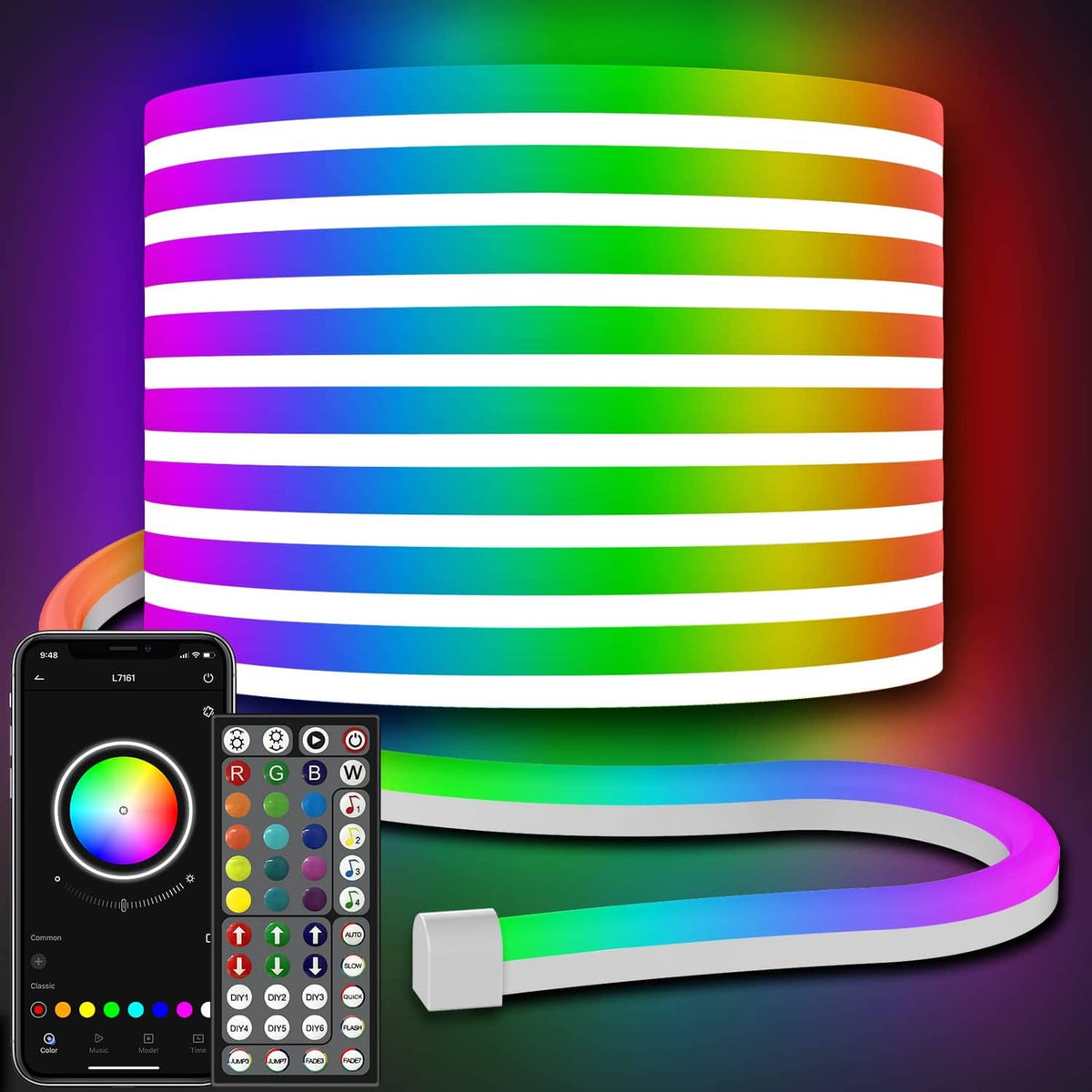 RGB LED neon rope lights with flexible white diffuser and color controller remote