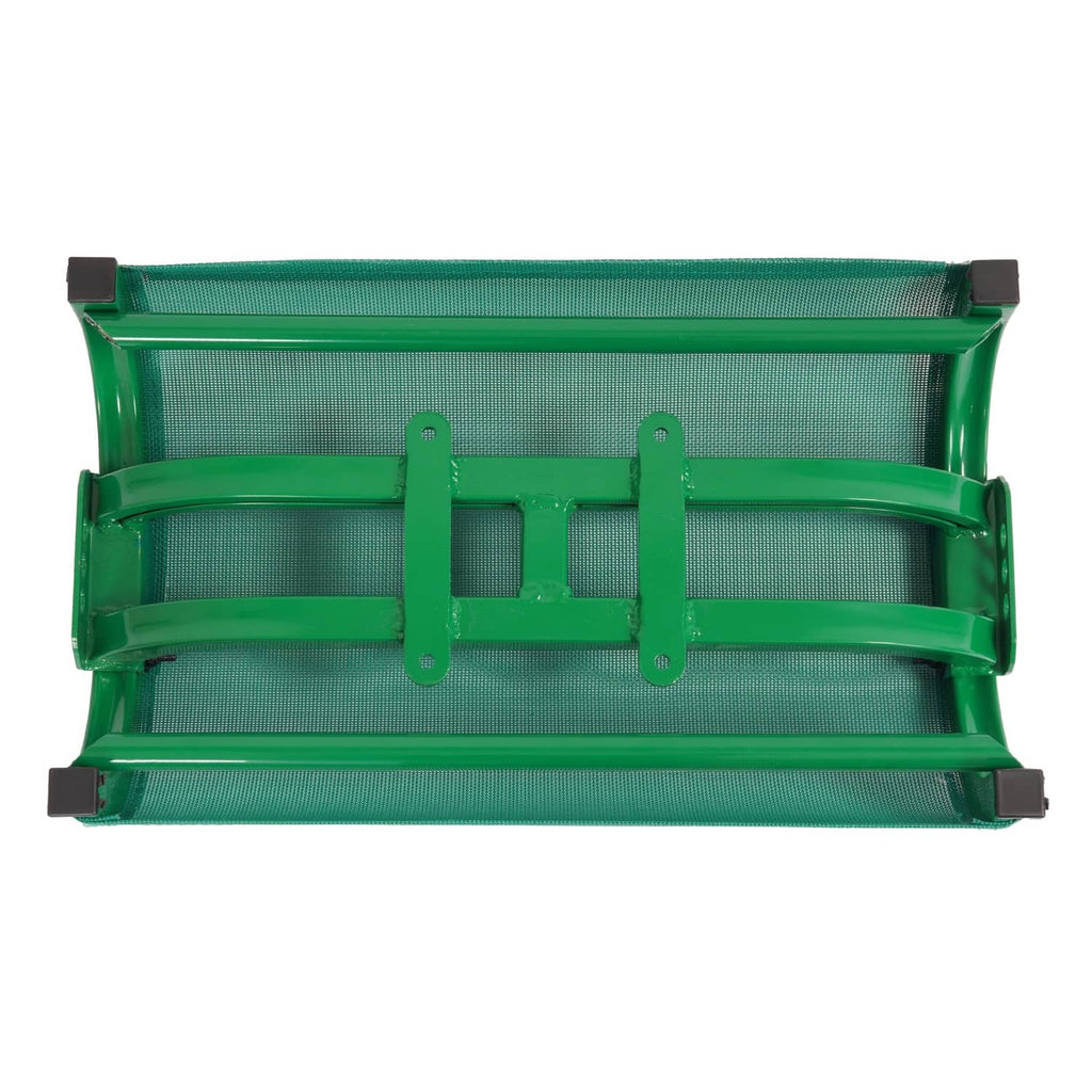 Green mesh boat seat underside with metal support bars and mounting end tabs.