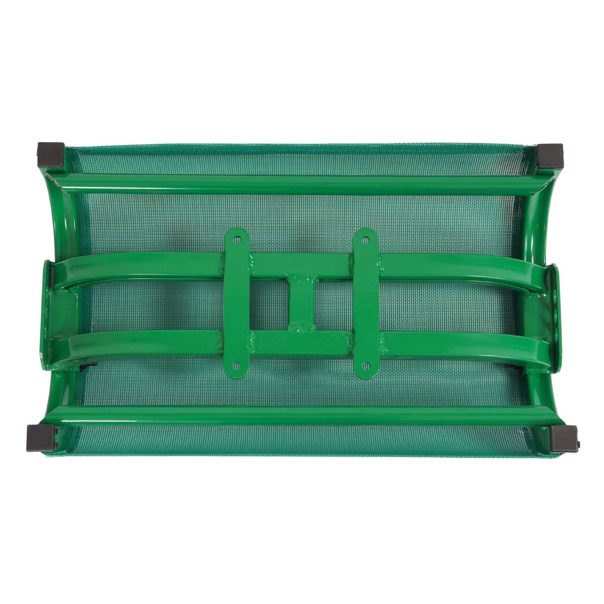 Green mesh boat seat underside with metal support bars and mounting end tabs.