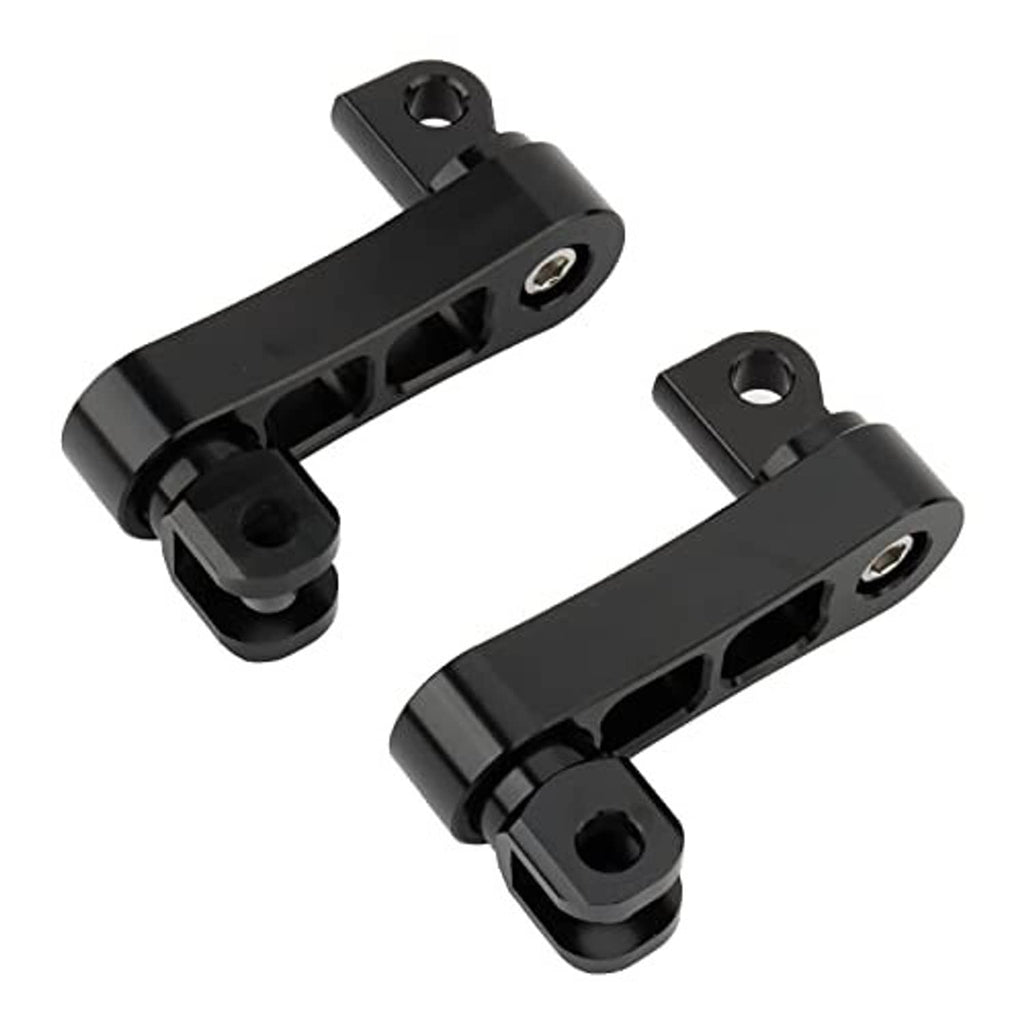 Set of black adjustable foot peg extension mounts with bracket pads and side hardware