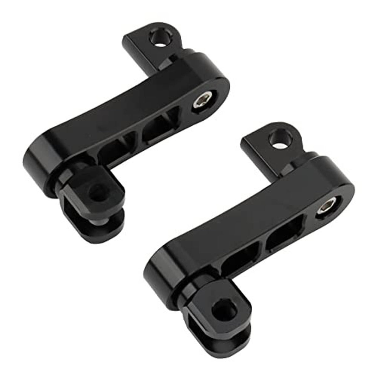 Set of black adjustable foot peg extension mounts with bracket pads and side hardware