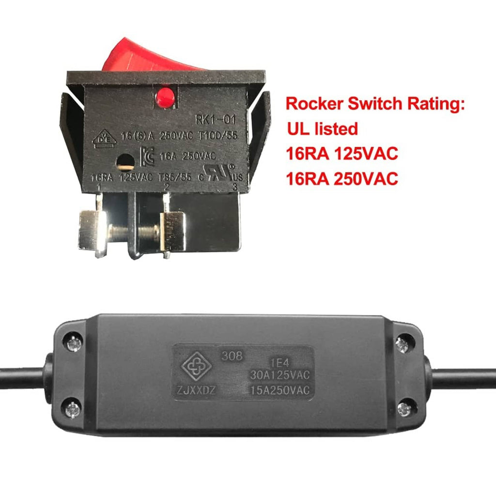 Inline rocker switch module showing UL/ratings label and contact terminals, black casing.