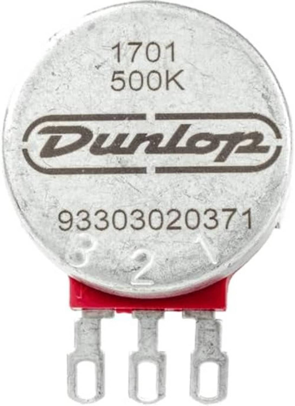 Close-up round 1701 500K Dunlop potentiometer with three exposed pin terminals