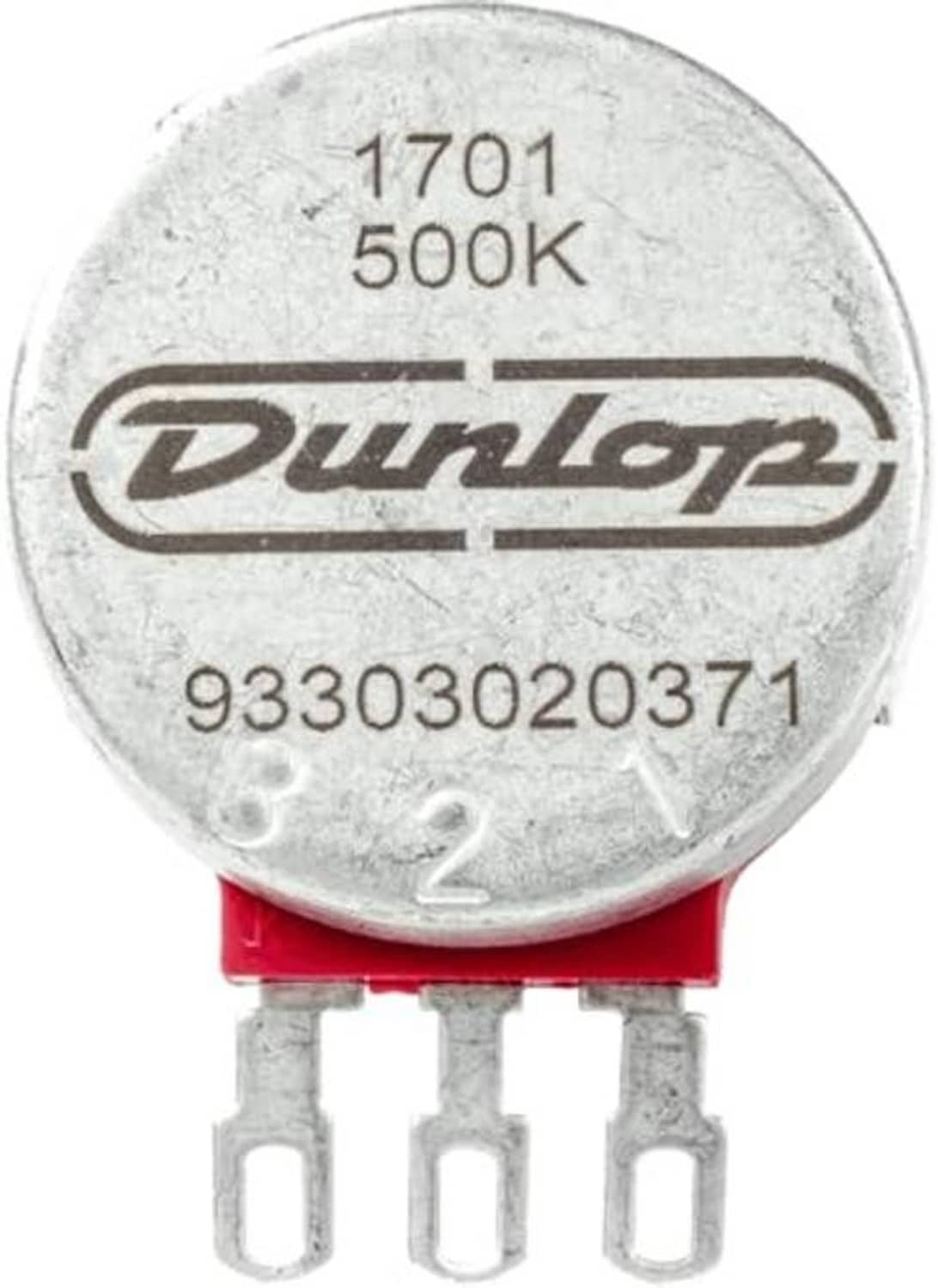 Close-up round 1701 500K Dunlop potentiometer with three exposed pin terminals