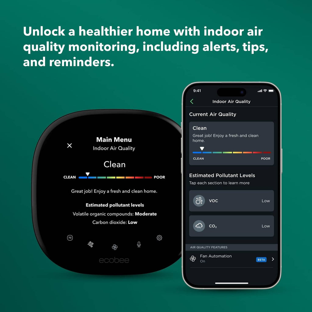 Black smart thermostat with indoor air quality details shown on a companion app
