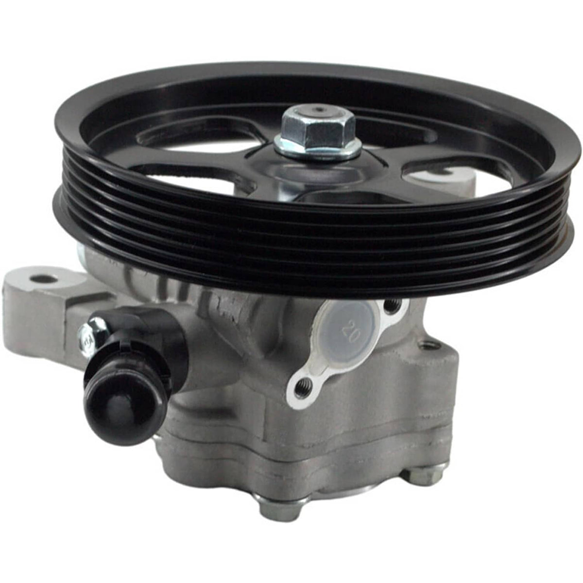 Power steering pump with black pulley, gray housing, and small attached valve port