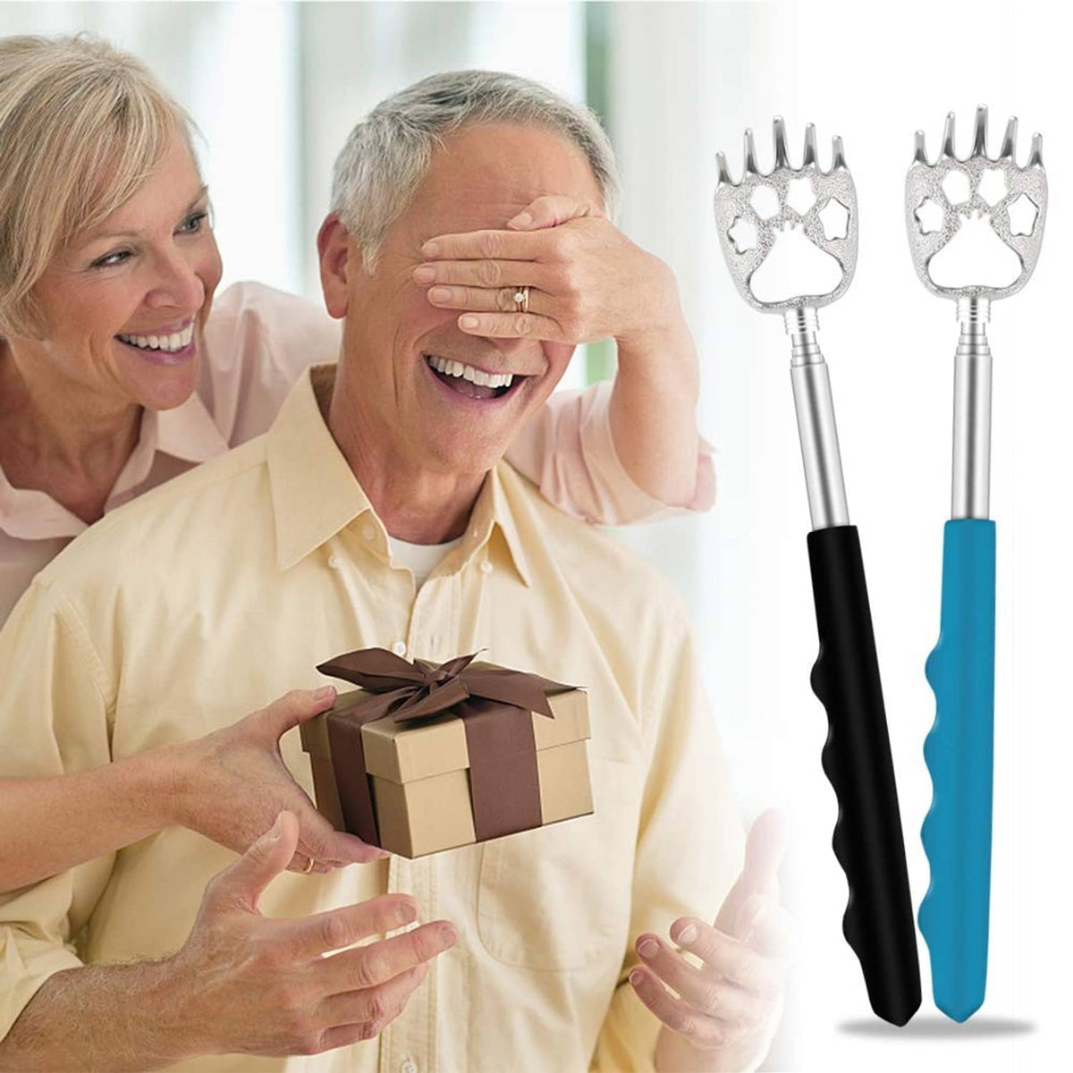 Telescoping bear claw back scratchers with claw heads and purple and blue handles