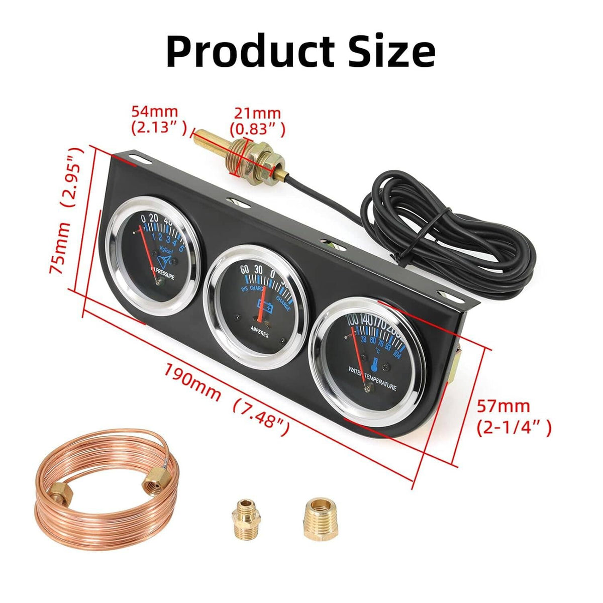 Triple car gauge kit with mounting panel, sensors, wiring, and included copper coil