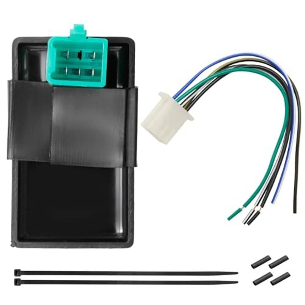 Black CDI module with teal 5-pin face connector and colored wire leads
