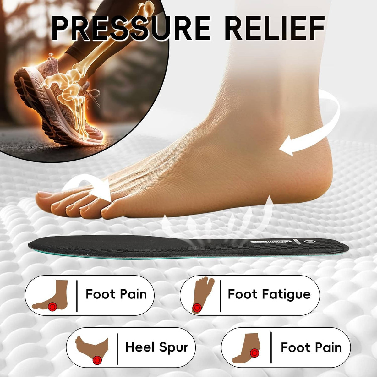 Black memory foam insole providing pressure relief under foot sole, shown in use
