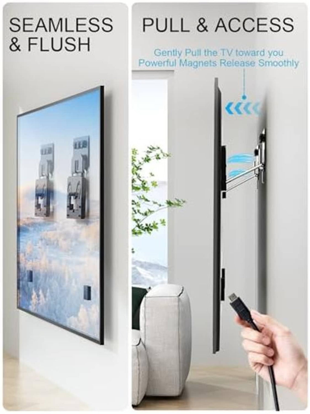 Ultra-slim TV wall mount with pull-and-release access handle for smooth magnet action