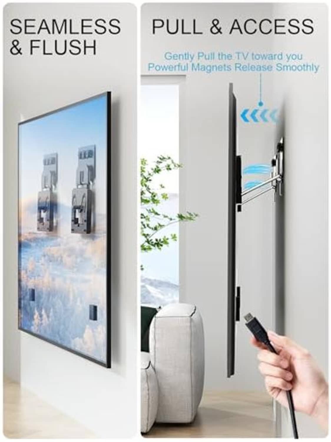 Ultra-slim TV wall mount with pull-and-release access handle for smooth magnet action