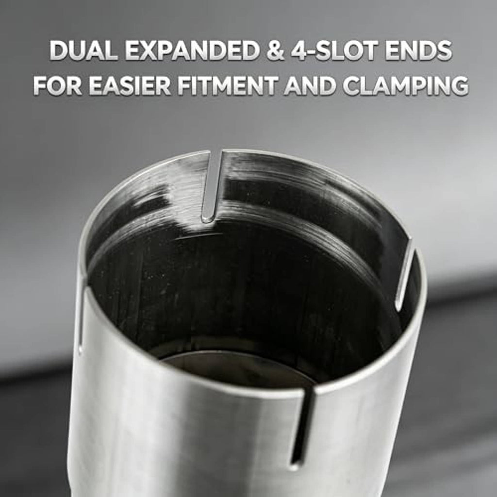 Stainless steel exhaust pipe with dual expanded rim and four-slot clamp ends