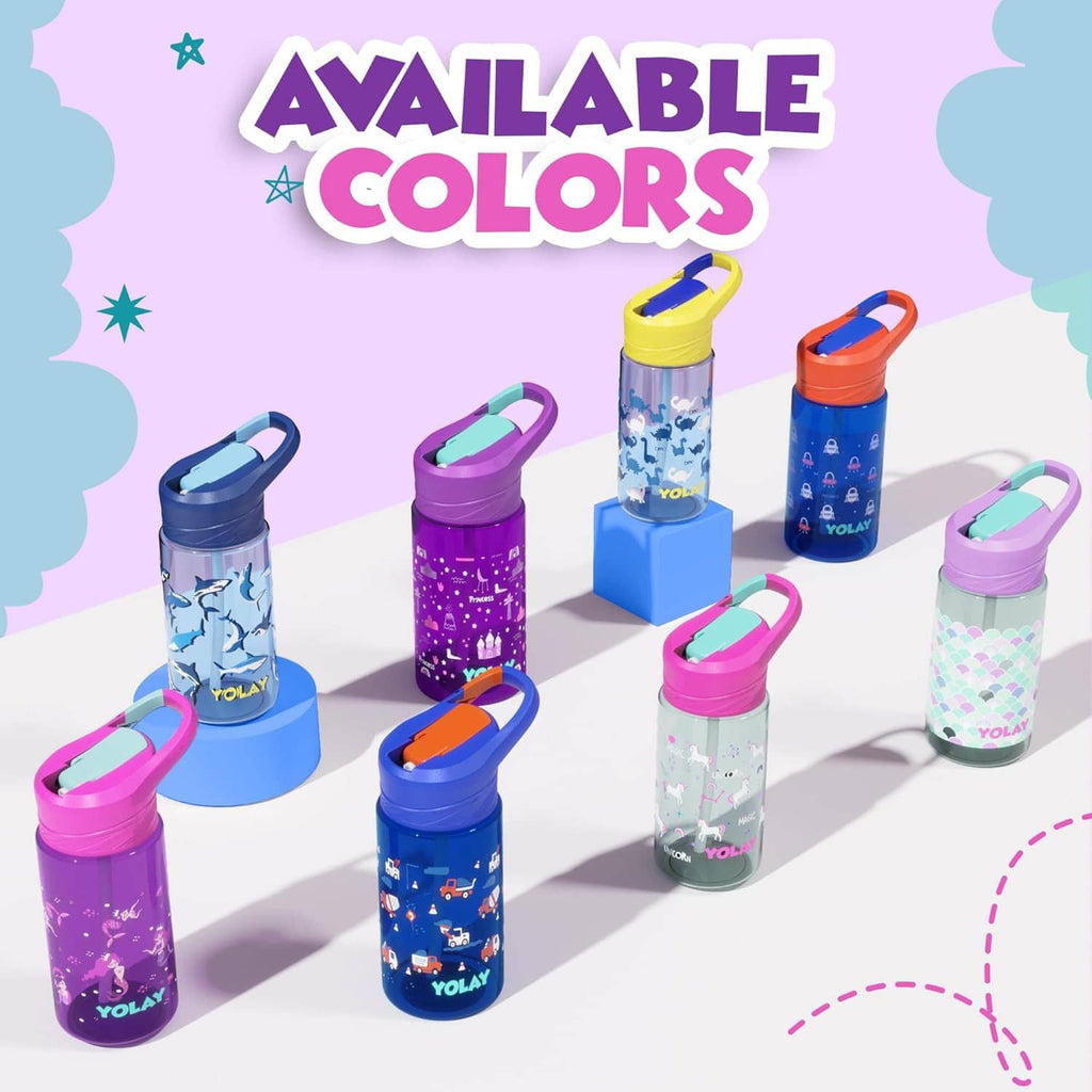 Set of kids water bottles in various colors, each with flip lid and straw spout