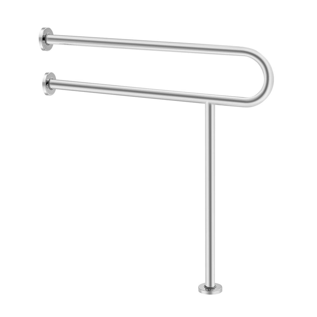 Wall-mounted toilet grab bar with two U-shaped rails and a vertical support post