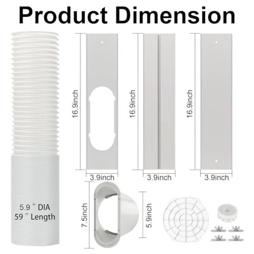 Air conditioner window kit dimension diagram with flexible hose, panels, and mounting bracket