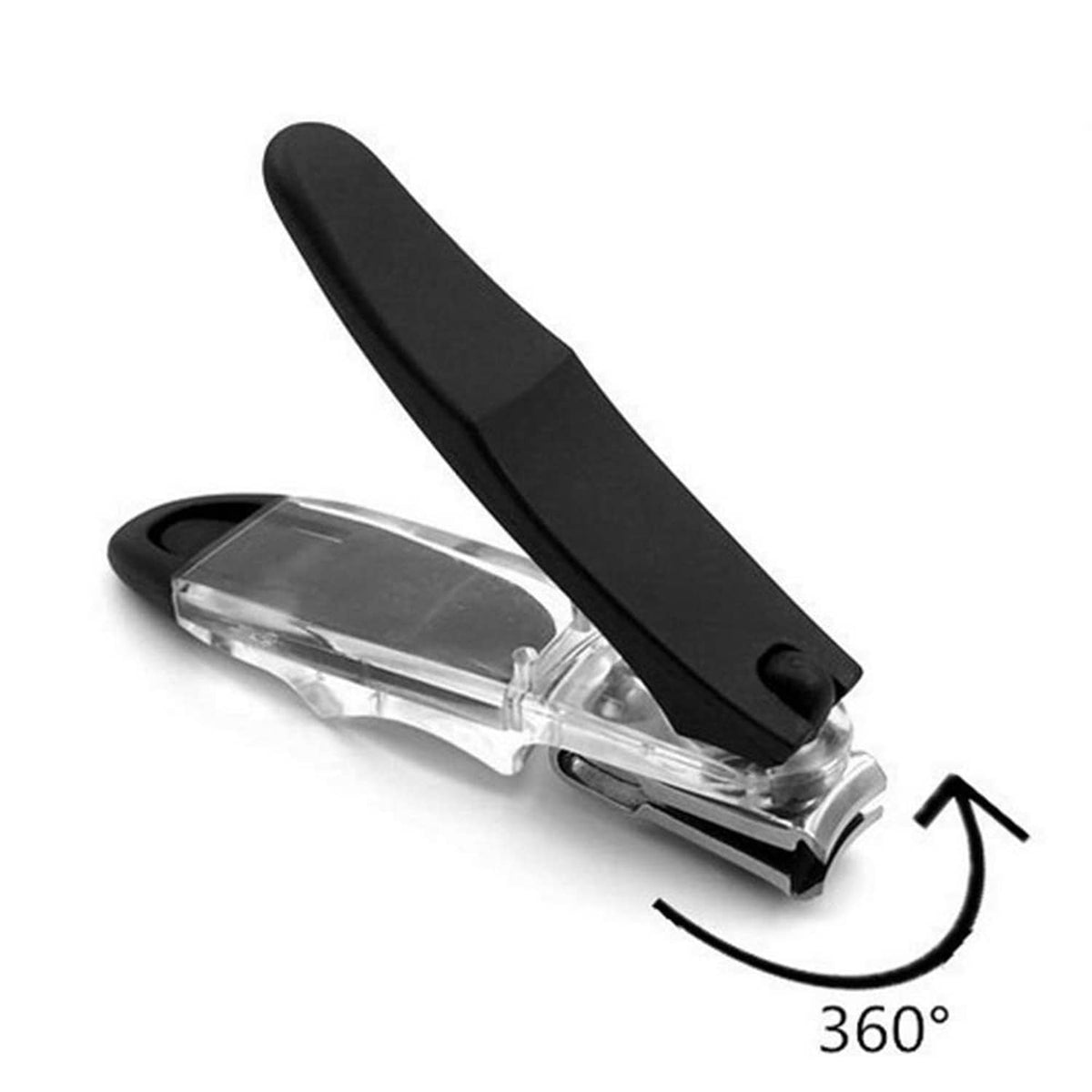 Nail clipper with black handle and clear body, 360° rotation shown