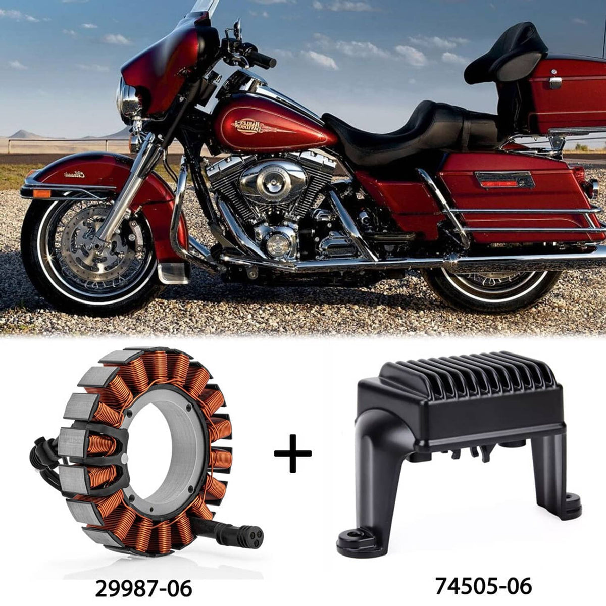 Motorcycle stator and regulator rectifier set, black fins and copper windings