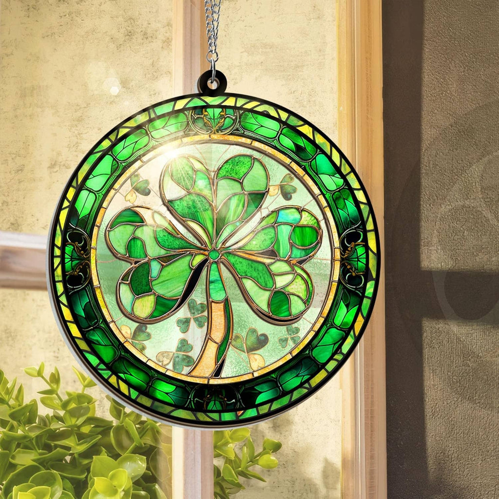Hanging round suncatcher with green shamrock stained-glass design and silver chain