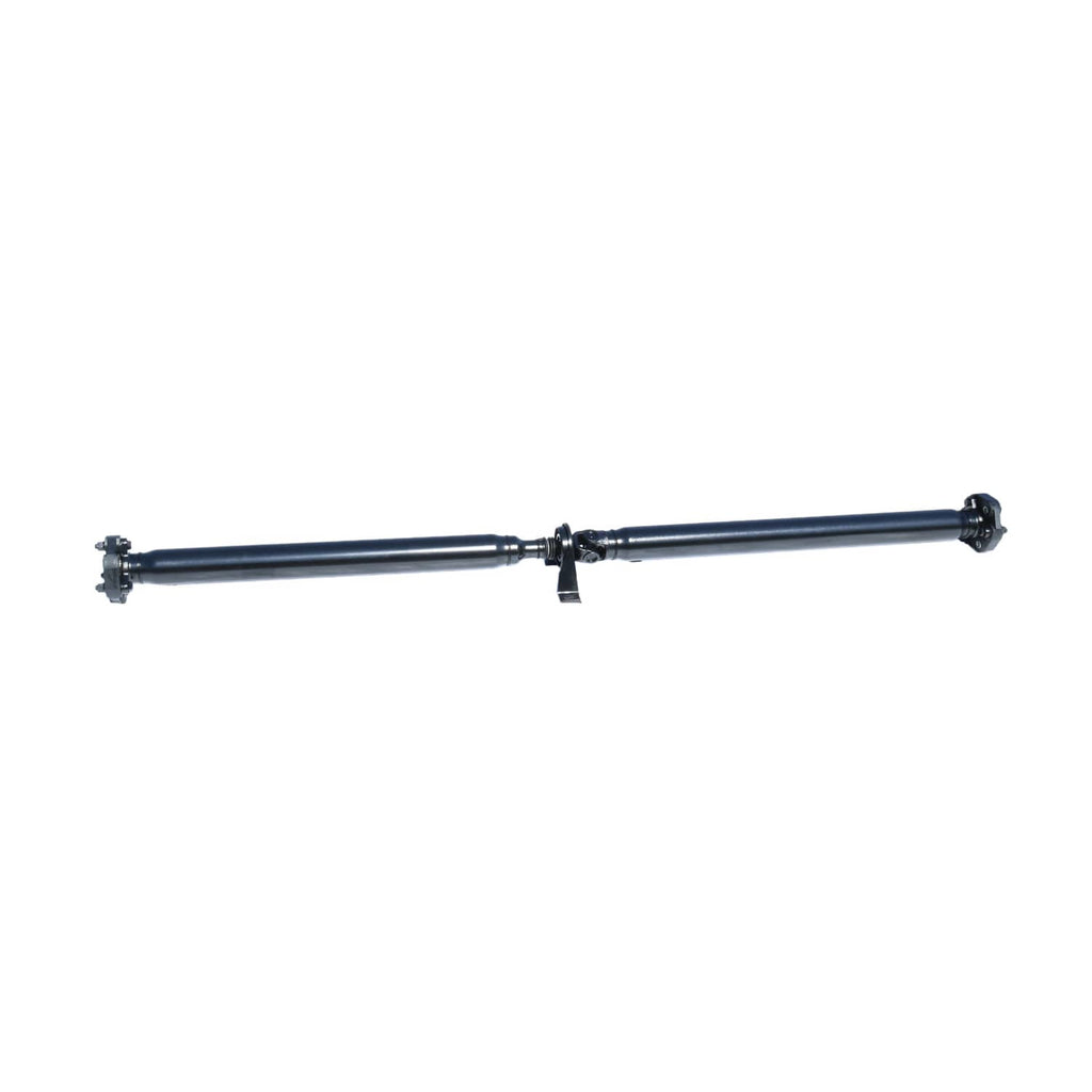 Rear drive shaft horizontal view; dark blue tube with yoke housings at both ends.