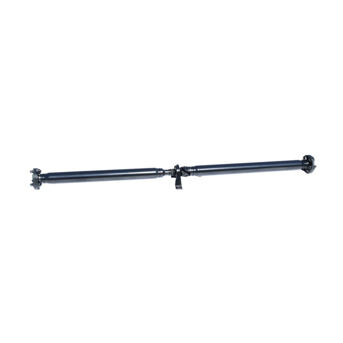 Rear drive shaft horizontal view; dark blue tube with yoke housings at both ends.