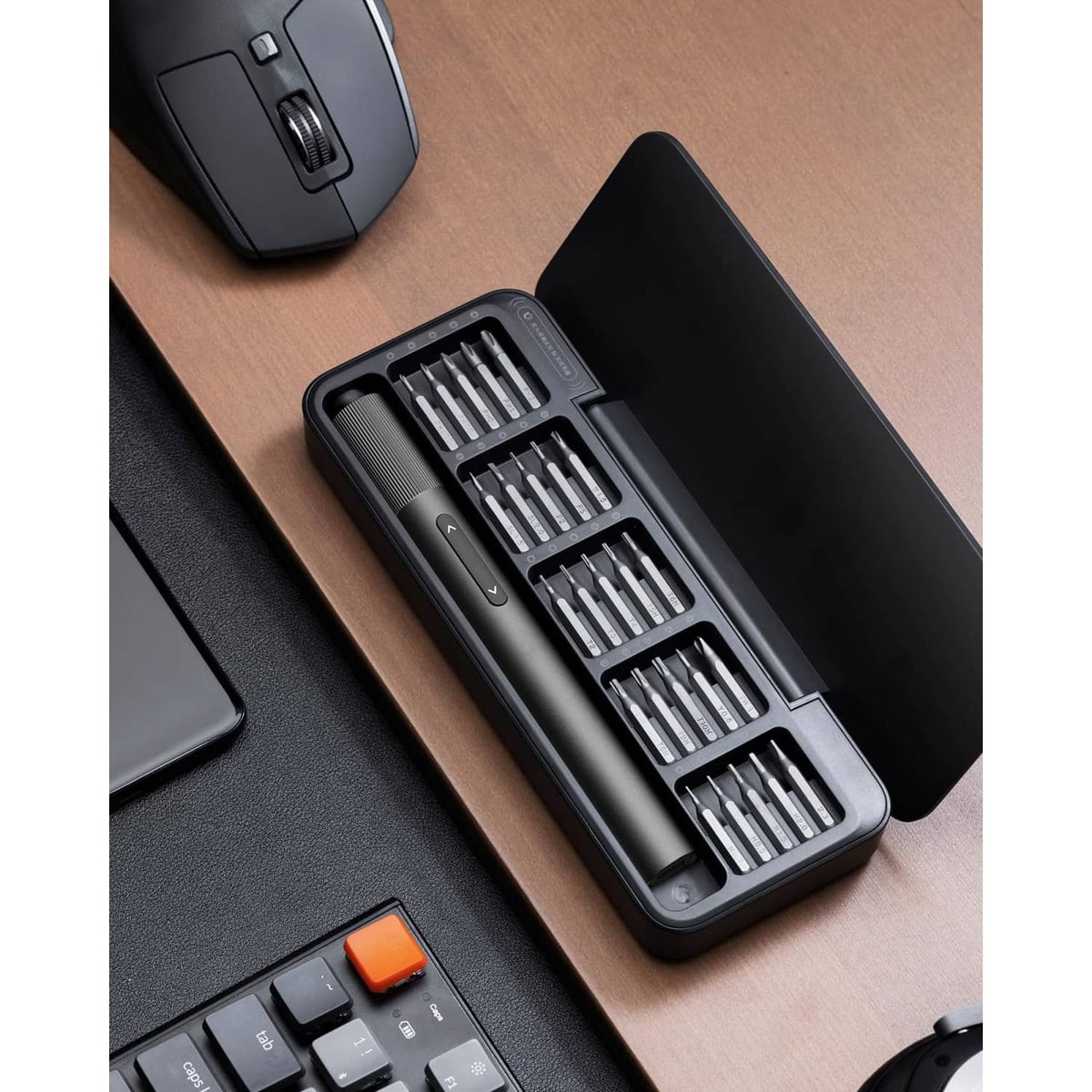 Compact bit organizer case with multiple precision screwdriver bits and one screwdriver