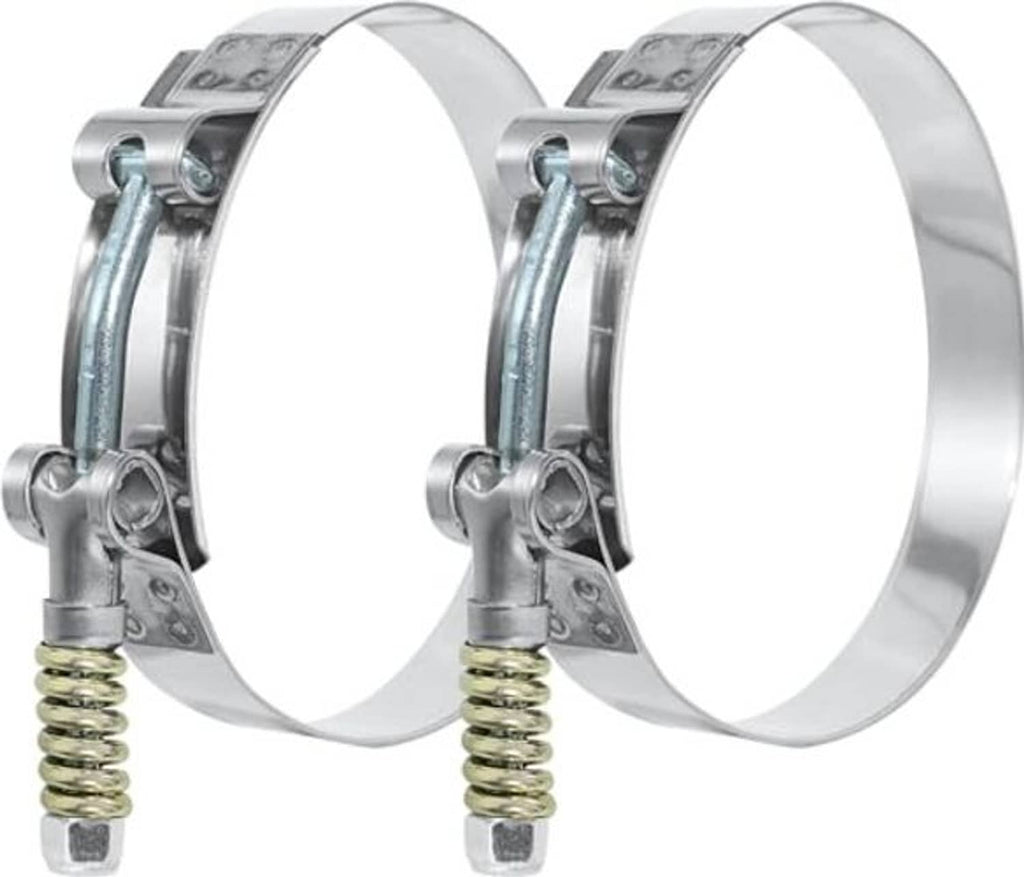 Pair stainless T-bolt hose clamps with spring-loaded band and galvanized screws