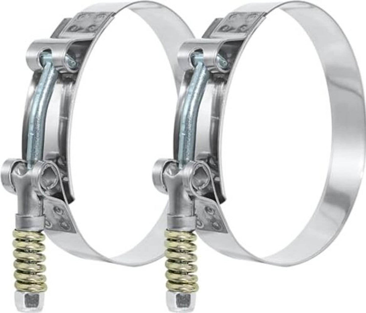 Pair stainless T-bolt hose clamps with spring-loaded band and galvanized screws