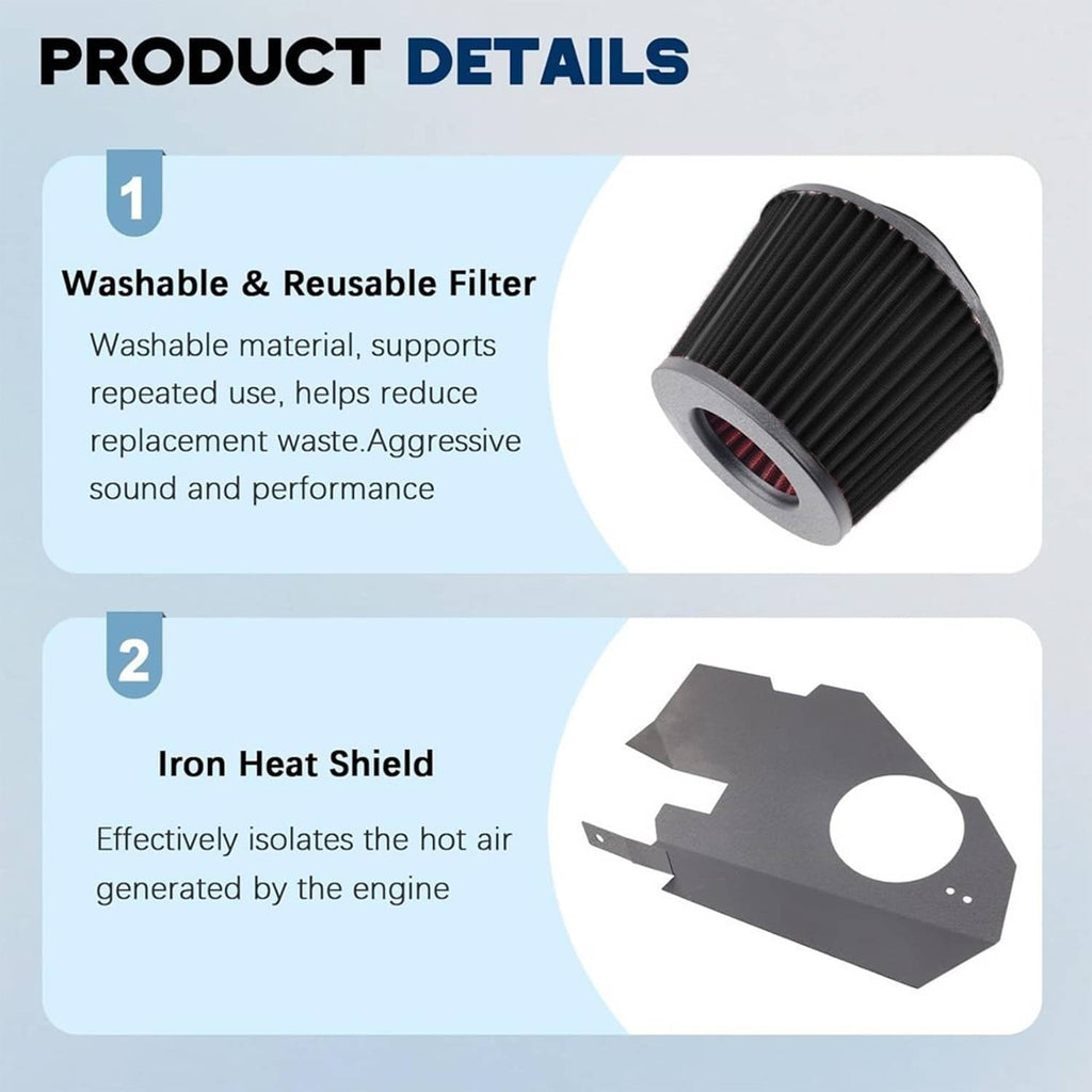 Washable cone air filter and black heat shield for cold air intake kit
