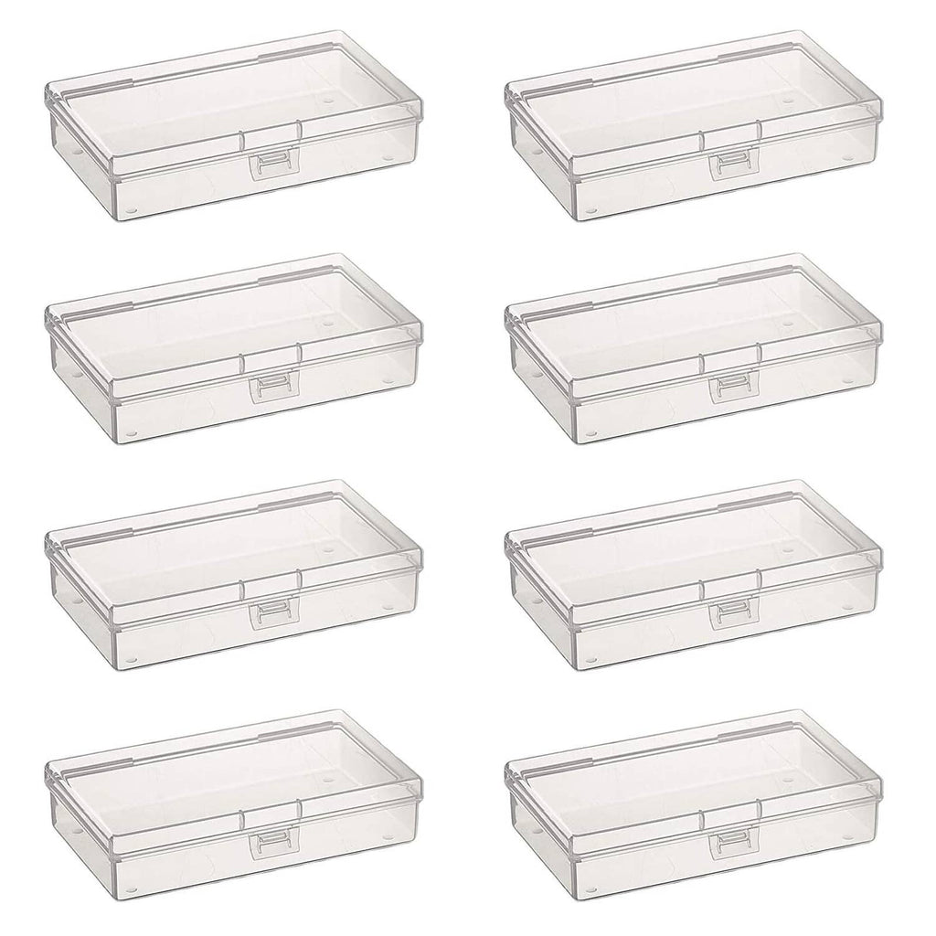 Set of clear rectangular plastic storage boxes with snap-lid and latch, stackable