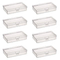Set of clear rectangular plastic storage boxes with snap-lid and latch, stackable