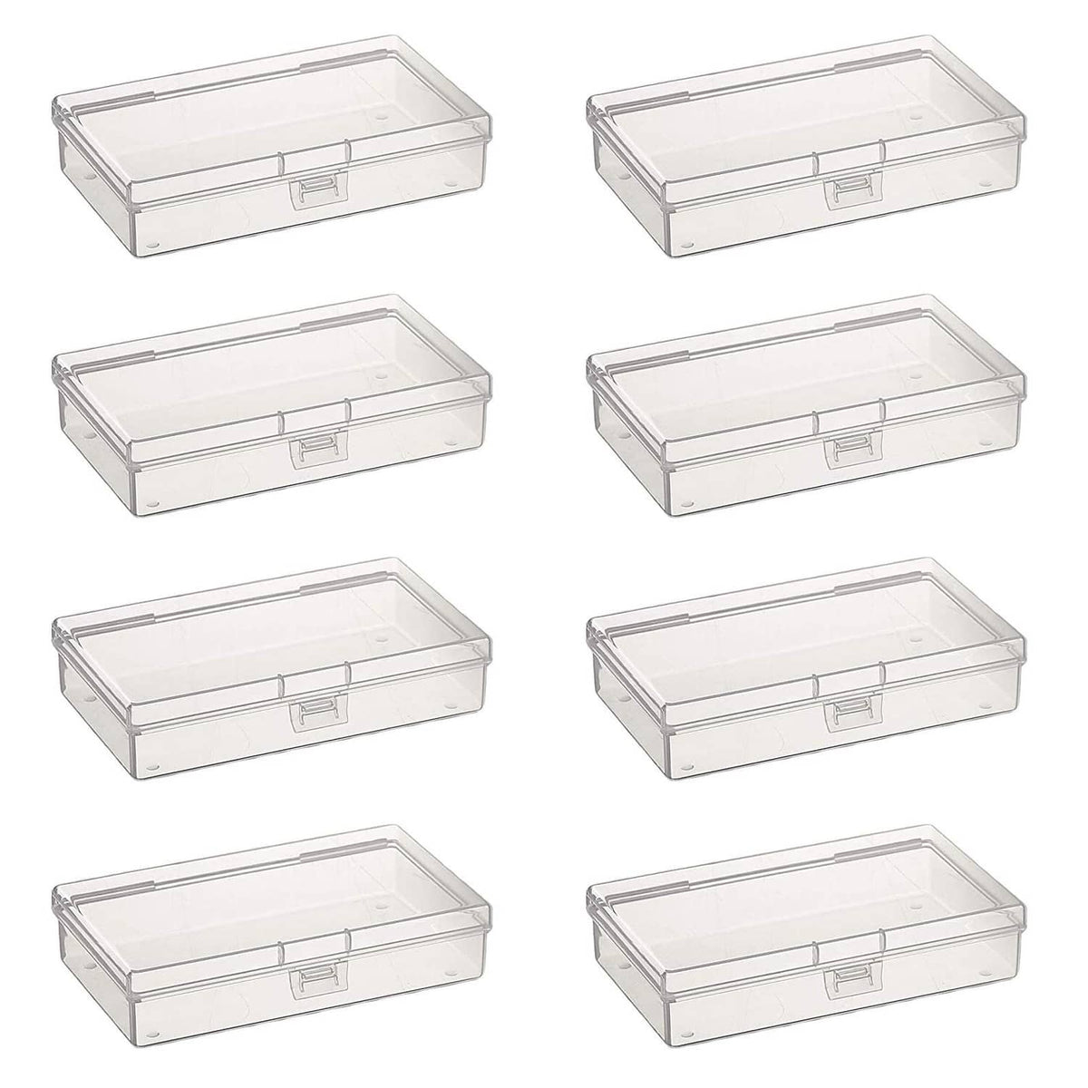 Set of clear rectangular plastic storage boxes with snap-lid and latch, stackable