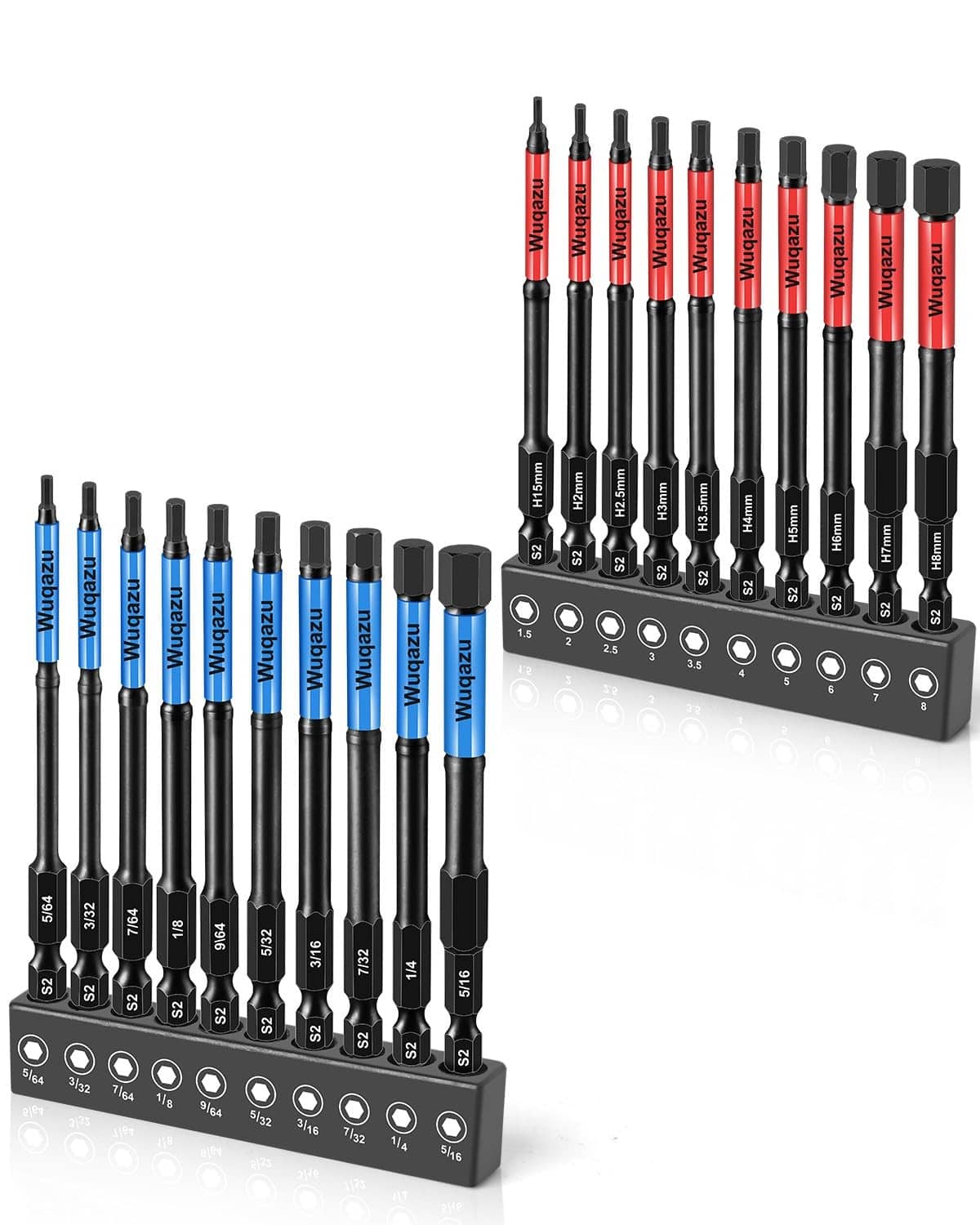 20-piece impact Allen hex bit set on a metal tray, black shanks with red tips