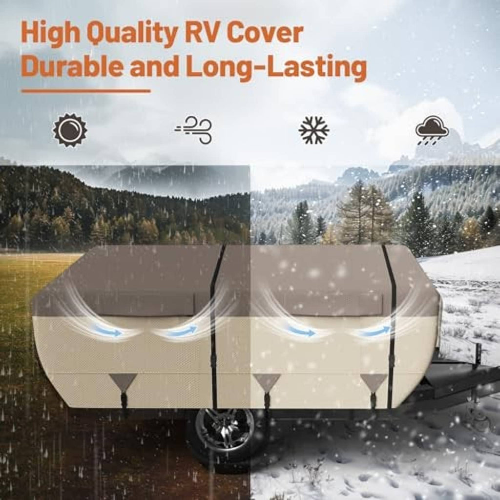 Pop-up camper cover with weatherproof protection icons, tan fabric
