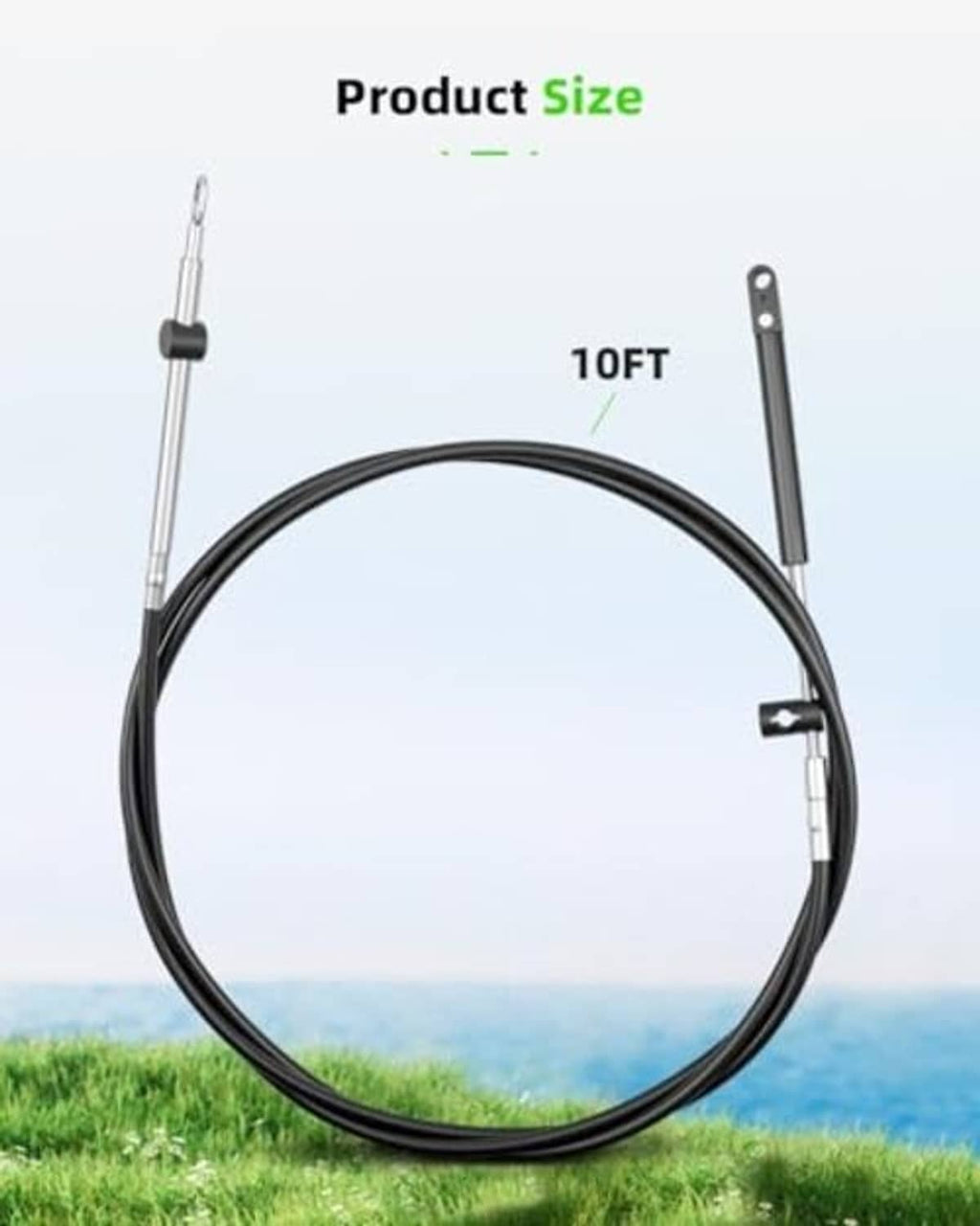 10ft outboard control cable with black outer sheath and silver pull end, circular loop