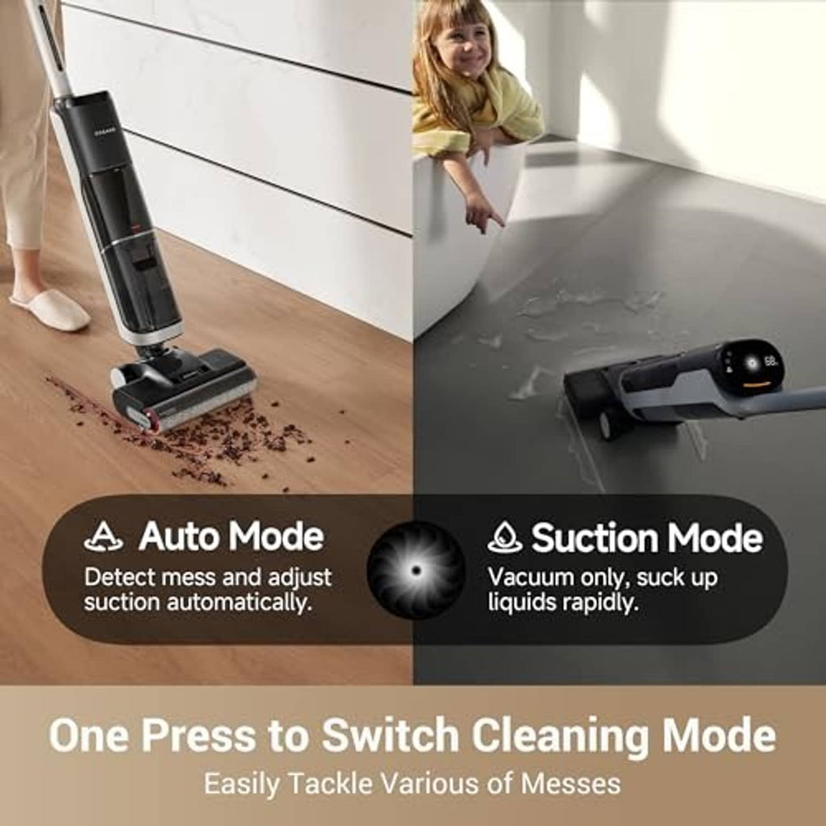 Cordless vacuum mop cleaning on hardwood floor, black handle and gray brush head.
