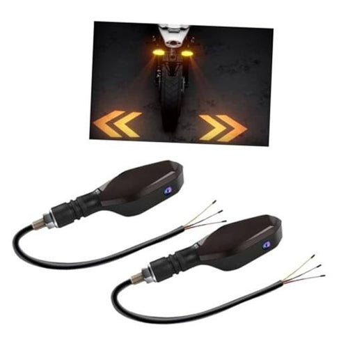 Pair of black LED motorcycle turn signal projectors with amber arrow projection and wiring
