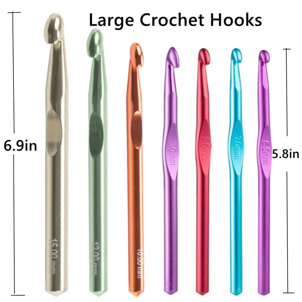 Set of 7 large crochet hooks with size markings in gold, green, orange, purple, red, blue